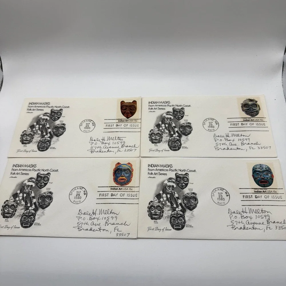 4pc Vintage 1980 Artmaster Indian Masks First Day of Issue Covers Spokane WA